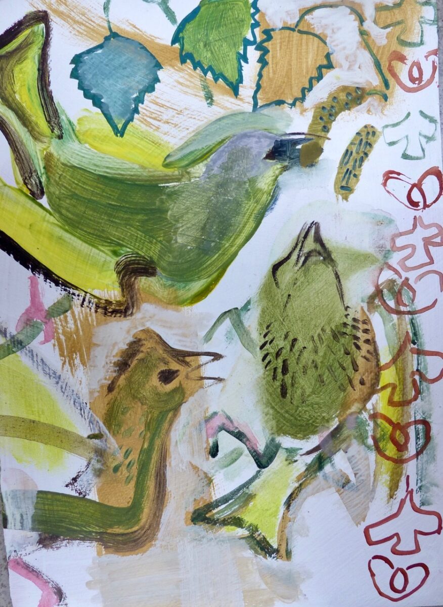 Artwork image titled: Greenfinch feeding birch seeds to his fledgeling young