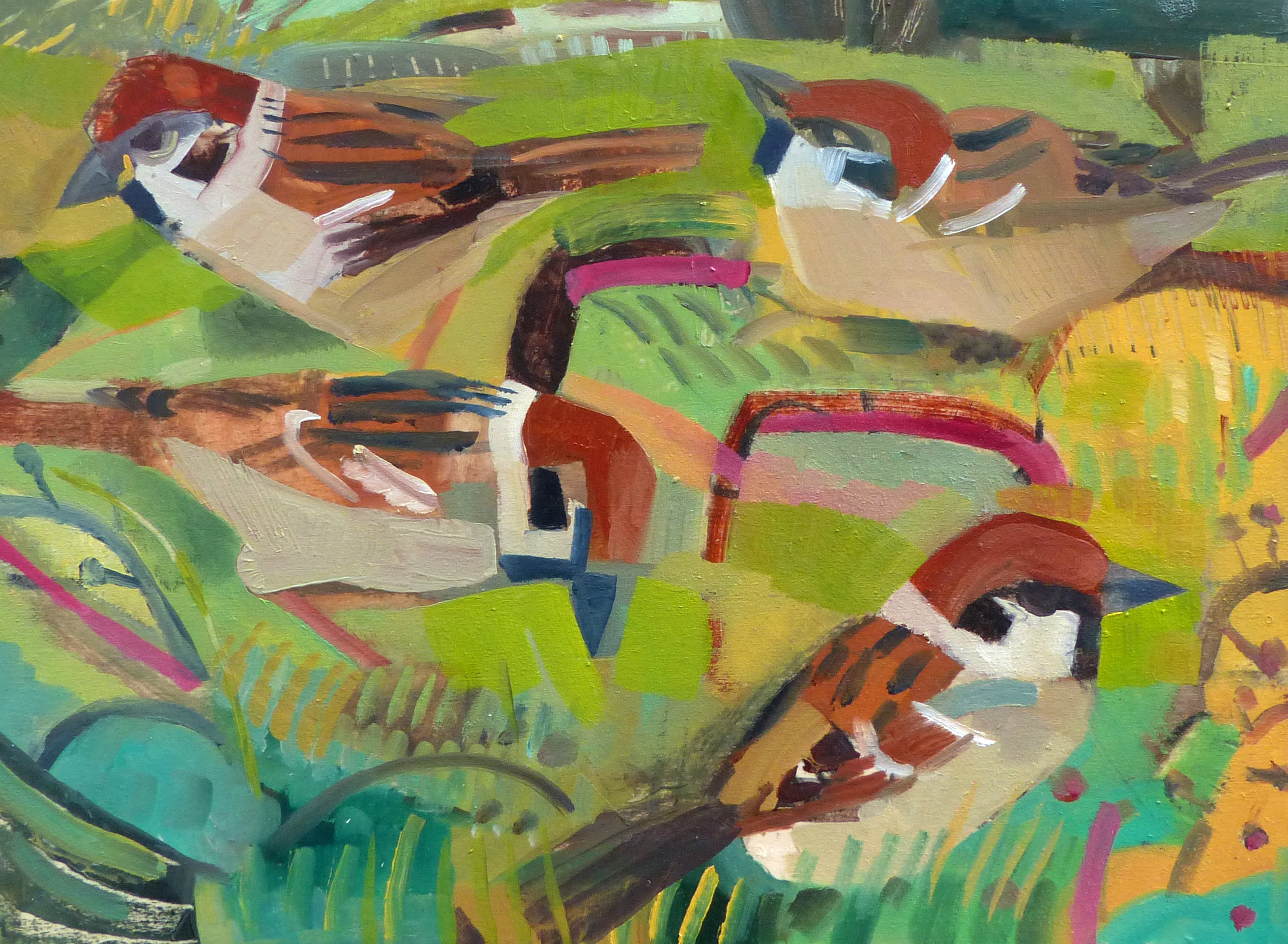   Garden Tree Sparrows, Oil on board, 23 cm x 31 cm