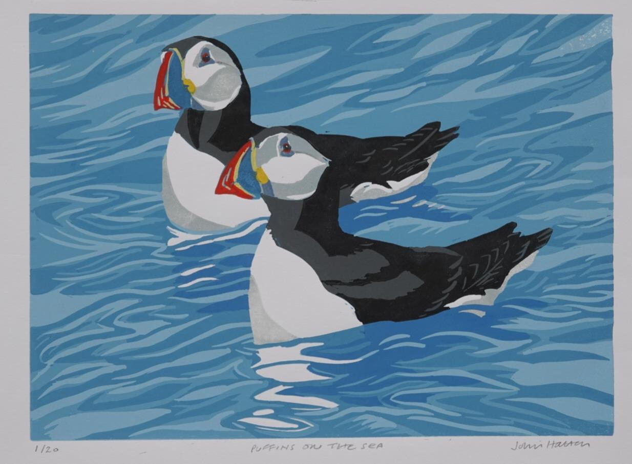 <p>Puffins on the sea by John Hatton</p>
