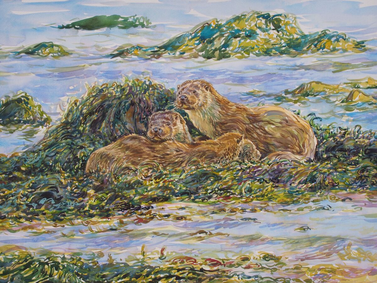 Artwork image titled: Otter family resting before a rising tide