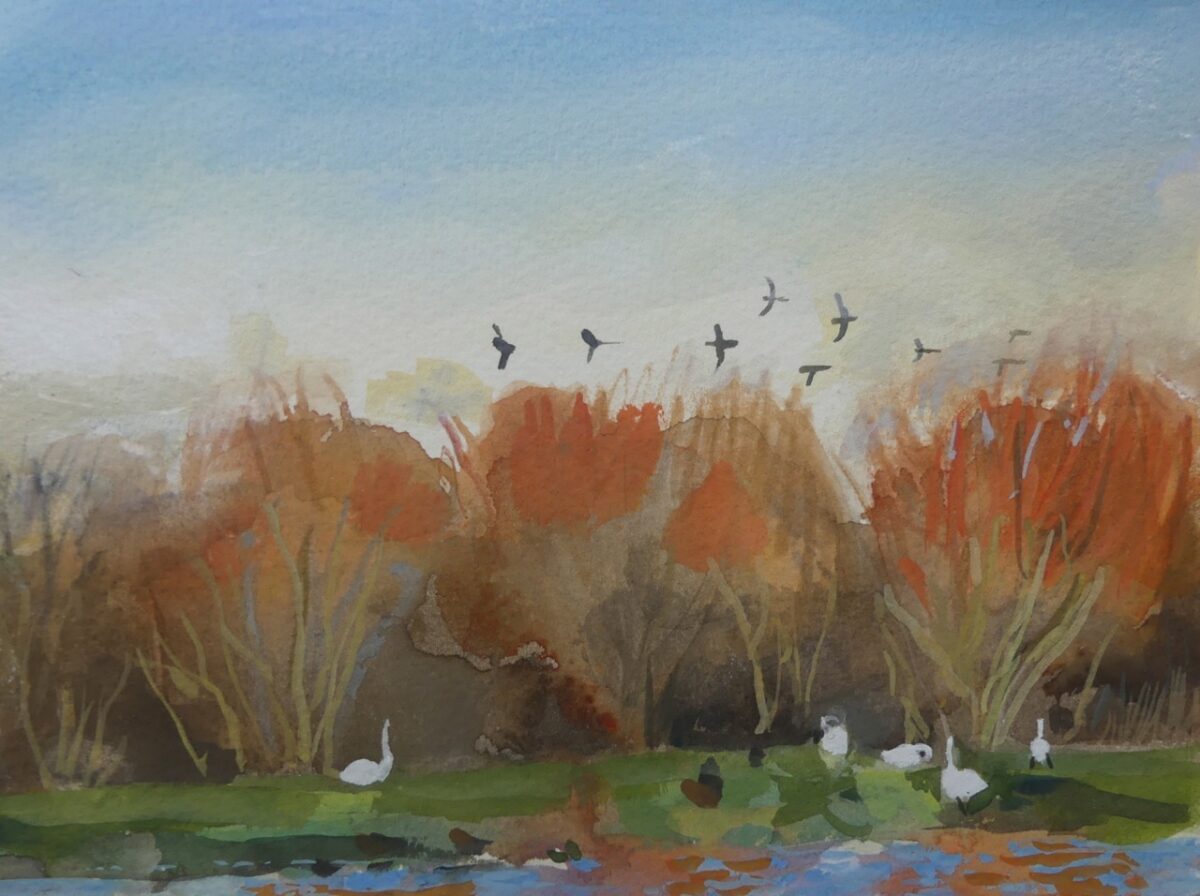 Artwork image titled: Winter Willows and Birds Caerlaverock