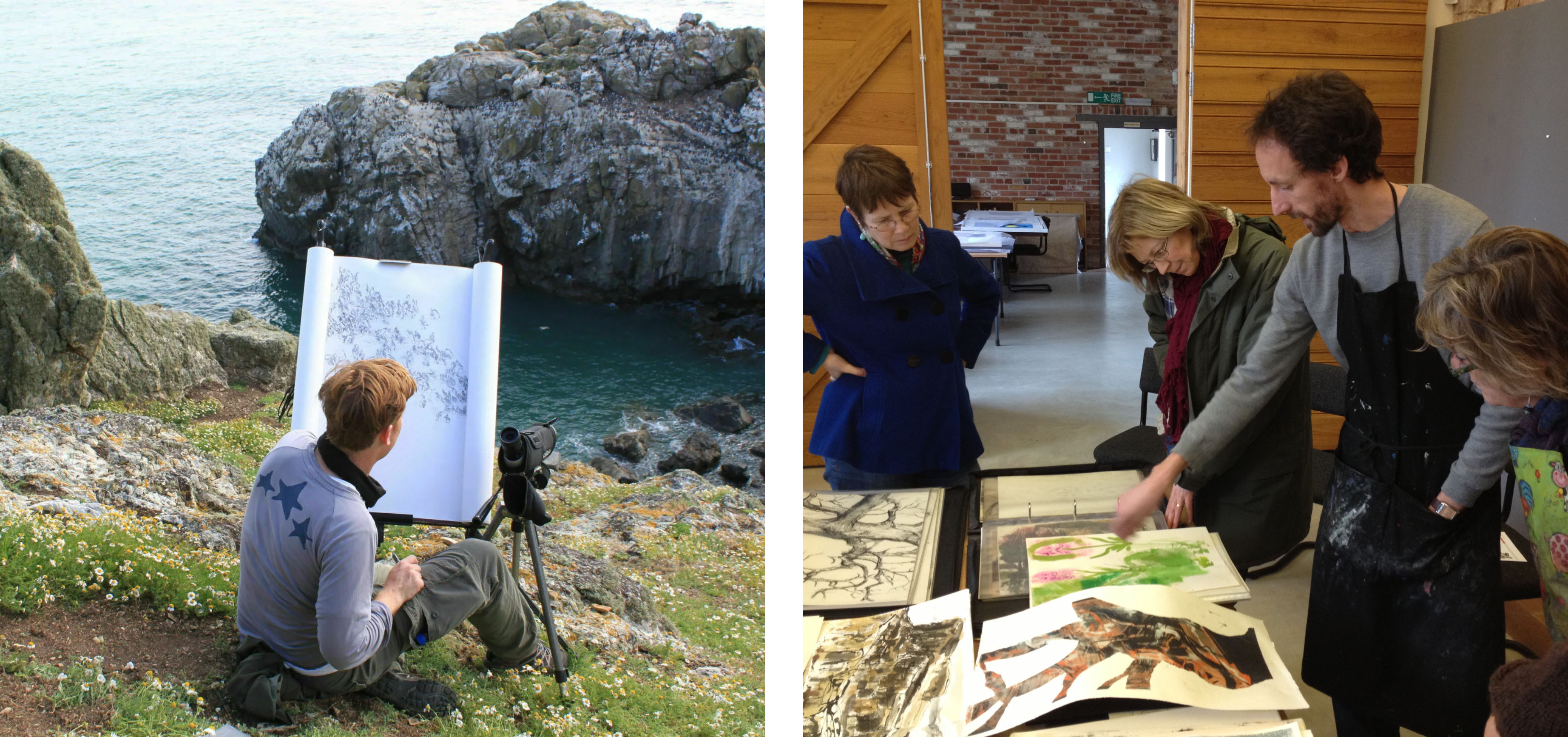   Chris Wallbank drawing seabird colonies (left) and Nik Pollard in the studio with students (right)